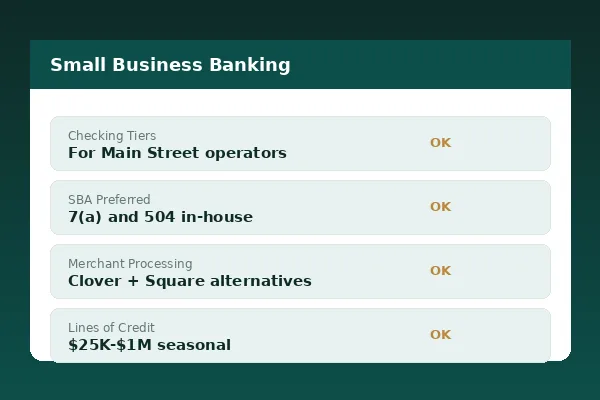 Small-business banking dashboard with tiered checking, SBA loan pipeline, merchant processing and line of credit