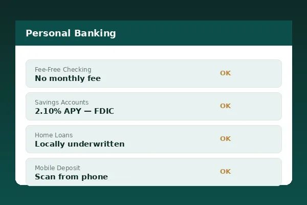 Personal banking view with checking balance, savings APY, home-loan status and recent activity in teal-accented dashboard